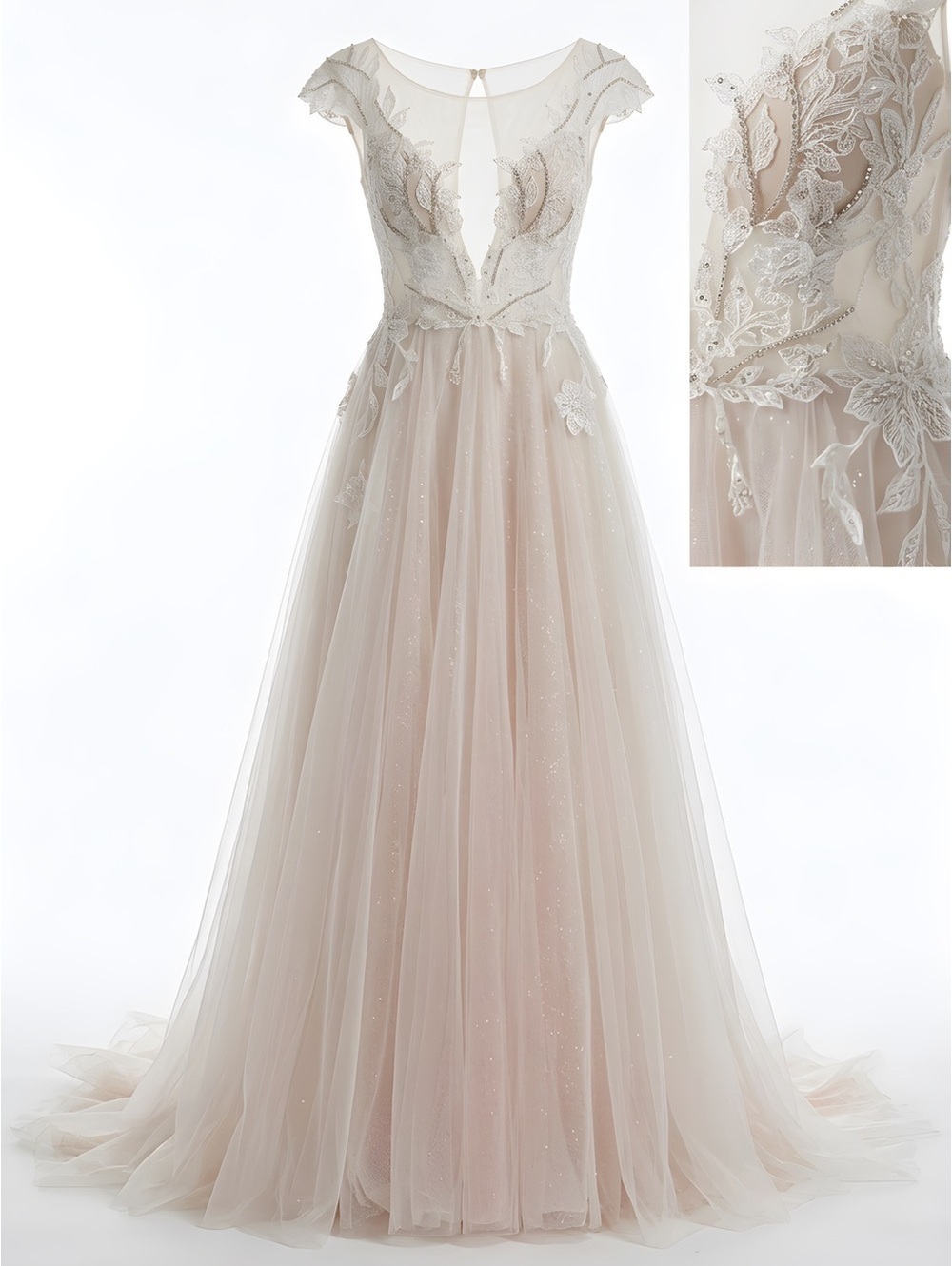 Vintage Galina Signature wedding Cream and White Dress by David’s Bridal.